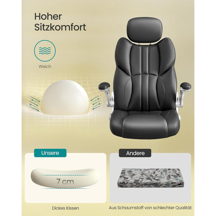 Крісло офісне SONGMICS, геймерське, регульована підголовник, функція гойдання, регульовані підлокітники, чорне, OBG65BK