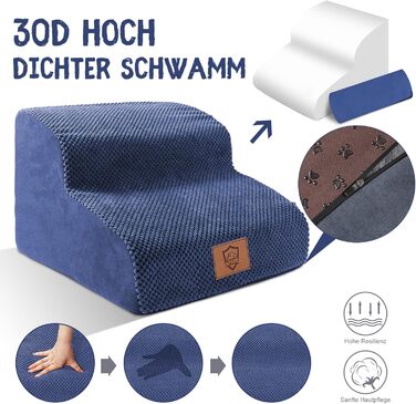 Dog Stairs, Pet Stairs, Foam Dog Stairs, Washable Non-Slip Cat Stairs, Dog Stairs for Small Dogs and Cats, Portable Dog Ramp for Bed, Couch and Car (2-Step Dog Stairs, Blue)