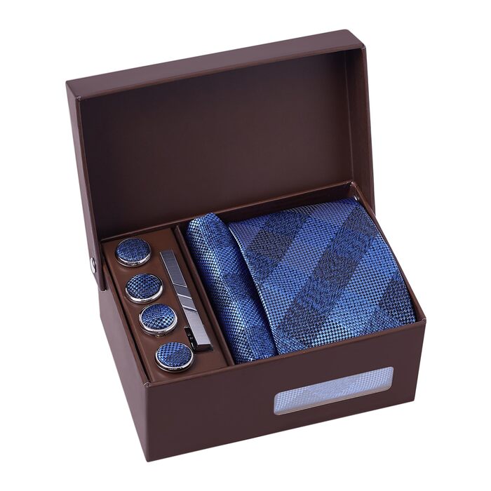 Набір аксесуарів для чоловіків: краватка в клітинку, краватка-хустинка, запонки, краватки-затискач, кнопкоманшет, подарункова коробка | Офіс, весілля, костюм, сорочка