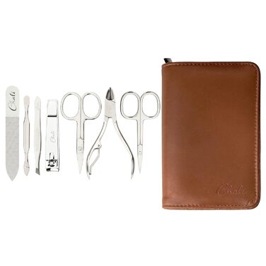 Набір для манікюру та педикюру Chali® 7 предметів з етаньє, нержавіюча сталь, манікюрний/педикюрний набір - ножиці для нігтів, кусачки, пінцет, скляний напільник та інше (колір: коричневий)