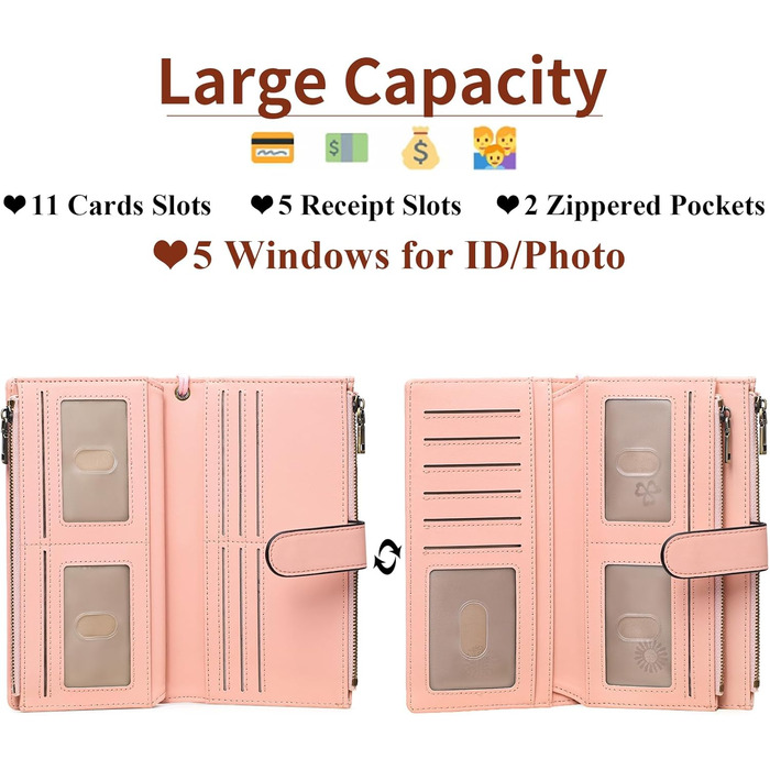 GOIACII Wallet for Women, Leather Wallet for Women, RFID Blocking Large and Long Wallet for Women with Multiple Card Slots, Removable Wrist Strap