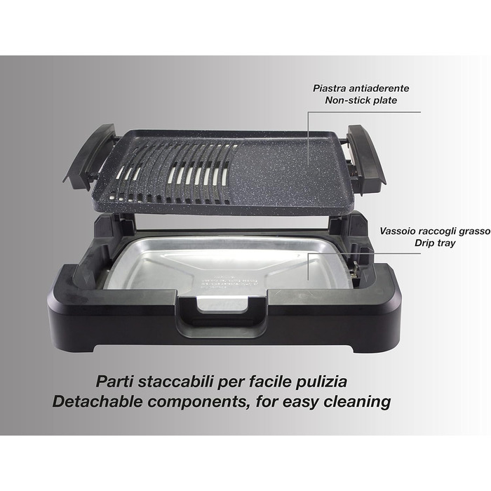 BEPER Electric Grill with Glass Lid - Non-Stick Coated Grill Plate, Stainless Steel, 2200W, Black