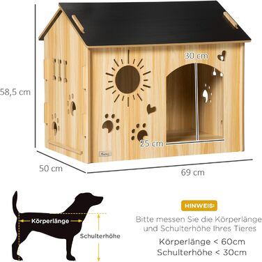 PawHut Wooden Dog House - Indoor Pet Shelter with Ventilation - MDF Oak & Black - 69x50x58.5 cm