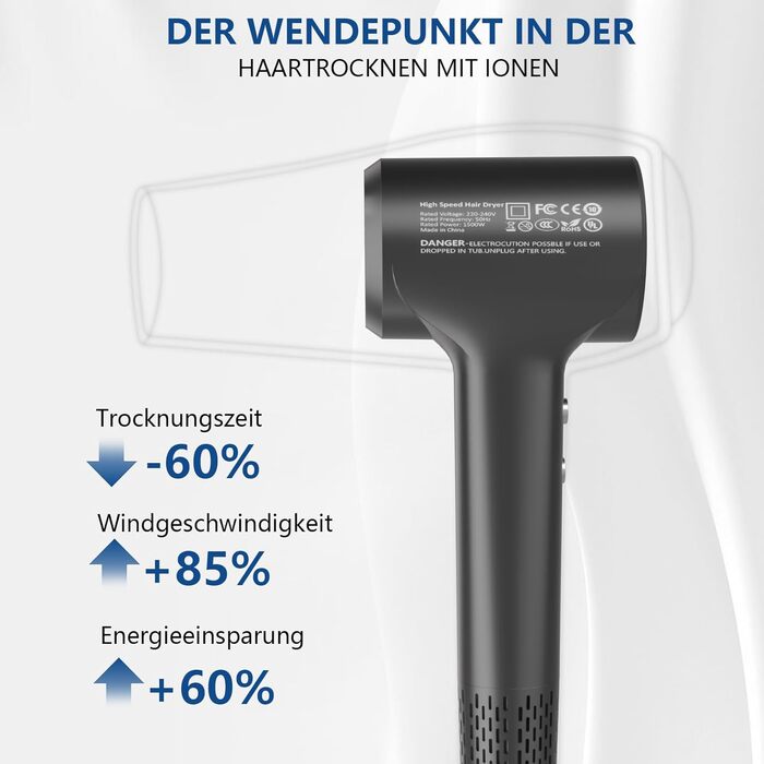 Föhn Ionen Supersonic Hair Dryer: 200 Million Negative Ion Hair Dryer with Quiet, Fast 110,000 RPM Motor, 57dB, Intelligent Thermostat for Travel - Dark Gray
