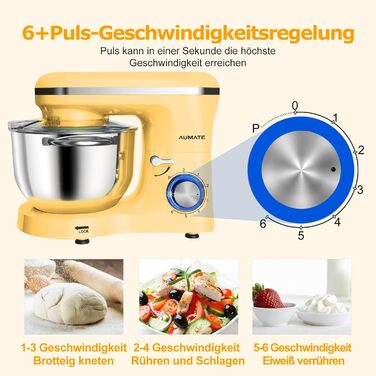 Кухонна машина AUMATE 1400 Вт, планетарний міксер з чашею 6,2 л, тістоміс з набором насадок (гак, вінчик, міксер), 6 швидкостей, лимонний колір