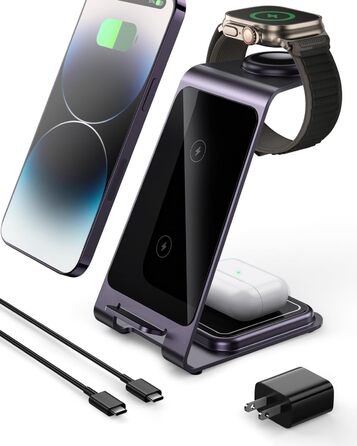 Бездротова зарядка Induktive з підтримкою MagSafe для iPhone 16 Pro/16/16 Pro Max/15 Pro/15/15 Pro Max, Apple Watch 10/Ultra 2/SE/9/8/7/6/5/4/3/2 та AirPods 4/3/2/Pro (фіолетовий)