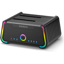 Док-станція для жорстких дисків FIDECO USB 3.0 з RGB підсвічуванням, Dual-Slot, підтримка UASP та офлайн-клонування (2.5/3.5