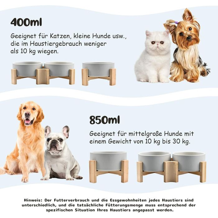 Керамічні годівниці для собак та котів SPUNKYJUNKY з дерев'яною підставкою (2 шт., 400 мл, сірі)