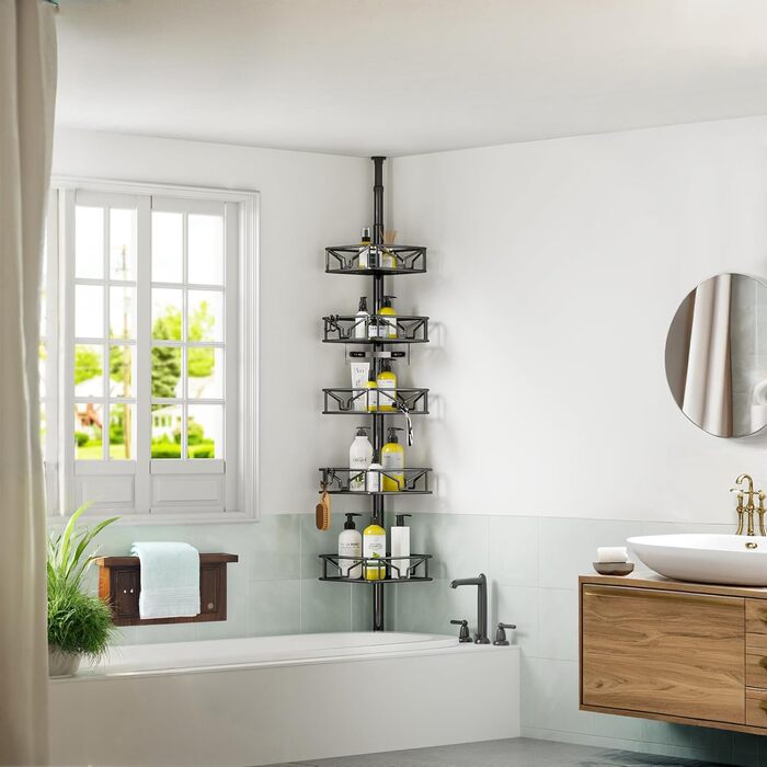 Телескопічна поличка для душу Bomclap з 5 кошиками, кутова, металева, чорна. Регульована висота 106-287 см, без свердління.