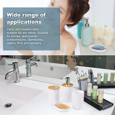 Набір аксесуарів для ванної кімнати з бамбука (4 шт.) - зубний стакан, тримач для зубної щітки, дозатор для мила, флакон для лосьйону, тримач для ополіскувача (білий)