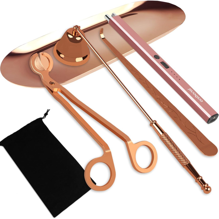 JIUOQUO 6-in-1 Candle Accessory Set, Candle Snuffer, Electric Candle Lighter, Wick Trimmer, Wick Dipper, Storage Tray, Plate, Candle Care Set for Candle Lovers, Mother's Gift