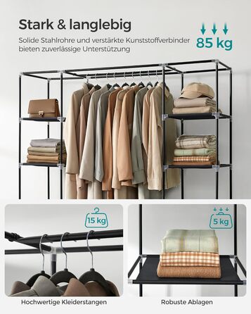 SONGMICS Wardrobe, Fabric Clothes Closet, with Clothes Rail and Shelves, Fabric Cover, for Bedroom, Dressing Room, 150 x 45 x 175 cm, Black LSF03H