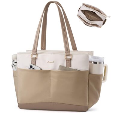 Сумка для ноутбука LOVEVOOK велика шопер для жінок бежево-хакі 15.6 дюймів. Робоча сумка, сумка для навчання, офісна сумка, сумка-тоут з блискавкою