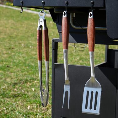 Набір гриль-посуду Grillart® Premium: 3 предмети з нержавіючої сталі та дерев'яними ручками (щипці, лопатка, виделка)