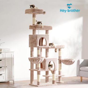 Котячий будиночок Hey-brother XXL для великих котів, 180 см, стабільний, з 3 платформами, 3 ховалами та 2 котячими будиночками, бежевий, EMPJ038MU