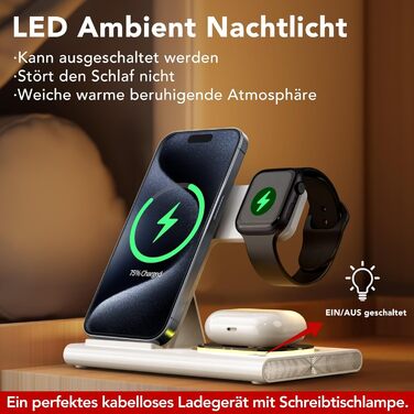 Бездротова зарядка Aimtel 3-в-1 з нічними ліхтариками, сумісна з iPhone 17/17 Pro/17 Pro Max/17 Air та Apple Watch. Підходить для AirPods Pro/4/3/2