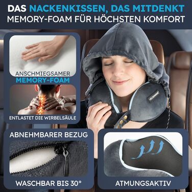 Подушка для шиї Comfy від HELDENWERK для подорожей: Memory Foam, 6-позиційна, для авто/літака, зручна, дихаюча, миюча (темно-сіра)
