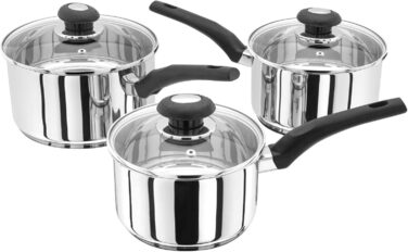 Judge Essentials Stainless Steel Cookware Set, 3-Piece Pot Set, 16 cm, 18 cm & 20 cm Pots, Glass Lids with Steam Vents, Induction Compatible