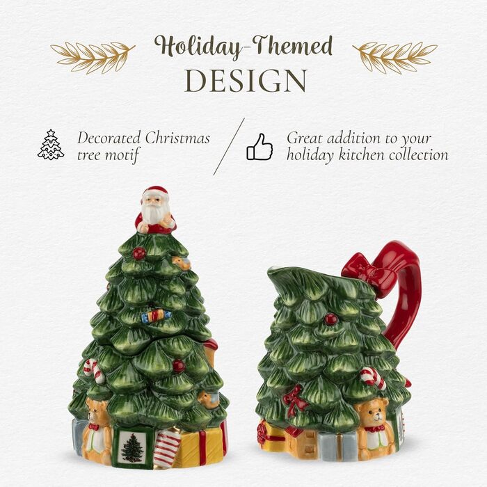 Spode Sugar and Creamer Set with Christmas Tree, Figurine Tree, 209 ml creamer and 150 ml sugar bowl with lid, festive tea and coffee set, dishwasher safe, ceramic tableware.