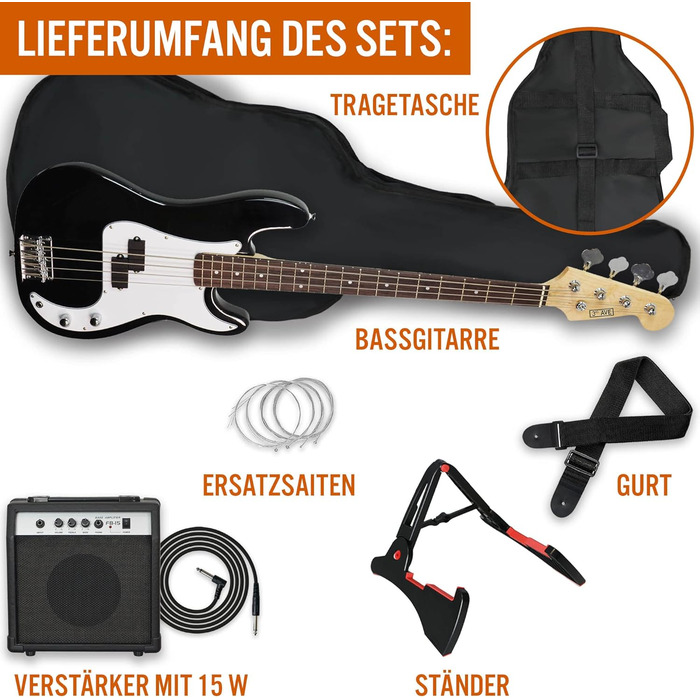 Бас-гітара 3rd Avenue 4/4 E-Bass Set для початківців, з підсилювачем 15W, чохлом, кабелем, ременем, підставкою та запасними струнами – синьо-чорний колір