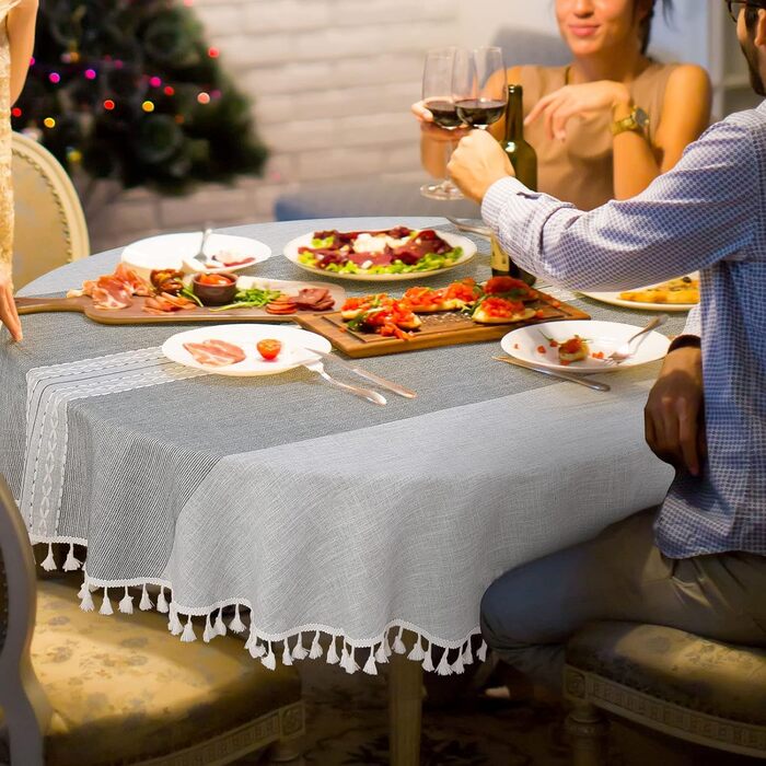 SUCHDECO Linen Tablecloth Round 140 cm Washable Cotton Tablecloth Wrinkle-Free Dustproof with Tassels Strip Embroidery for Kitchen, Dining Room, Dining Table, Coffee Table, Garden Table, Grey