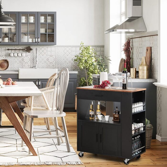 Giantex Rolling Kitchen Cart with Countertop - Kitchen Island with Storage, Mobile Kitchen Trolley with Drawer & 3 Shelves (White & Black)