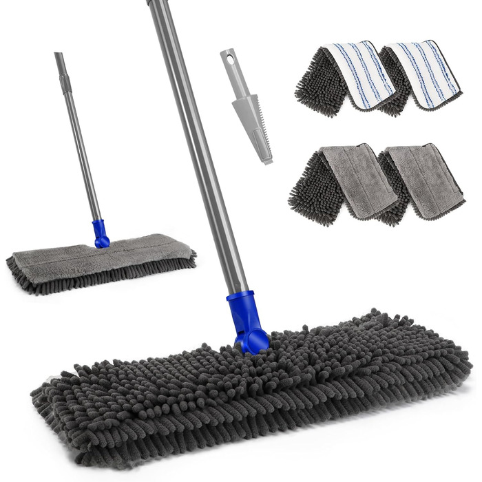 Myiosus Mop, Floor Wiper, Chenille Flat Mop with 4 Double-Sided Cleaning Pads, 127cm Mop with 360° Swivel Head, Microfiber Floor Wiper Set for Hardwood, Laminate, Tile, Includes 1 Scraper