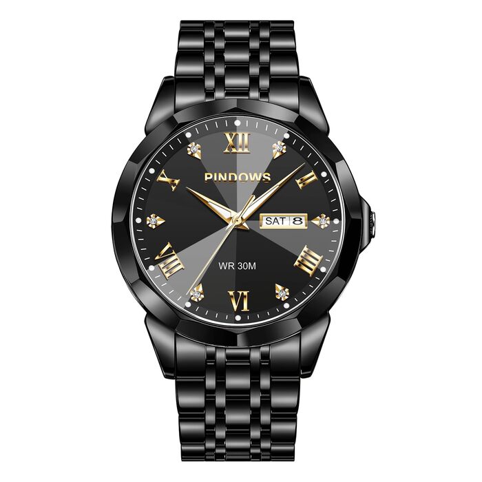 Годинник чоловічий PINDOWS Luxus Quarz аналоговий з датою та великим циферблатом, водостійкий, модний, бізнес-стиль. Елегантний двоколірний годинник з нержавіючої сталі з підсвічуванням календаря De650n1: Чорний