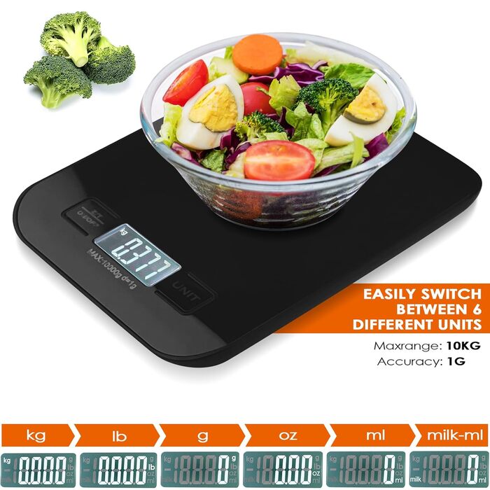 Кухонні ваги Tekenewbse: цифрові, 10 кг, точність 1 г, LCD-дисплей, чорний колір. Ідеально для приготування їжі та випічки.