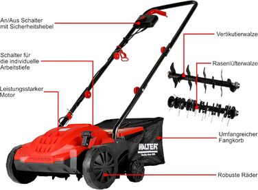 Електричний вертикутер і аератор для газону WALTER 2-в-1, 1500 Вт, ширина 32 см, 4 рівні висоти, великий травозбірник, для газонів до 400 м², з монтажним комплектом