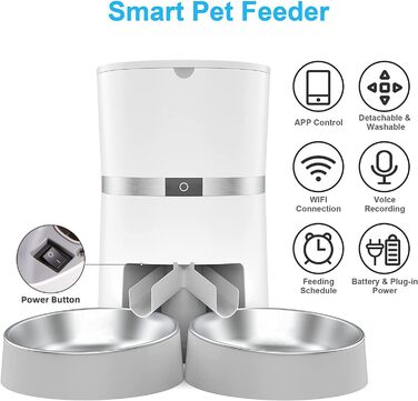 WellToBe Автоматичний годівниця для котів та собак з Wi-Fi, таймер, запис голосу, керування через додаток, до 6 прийомів їжі на день (Чорний)