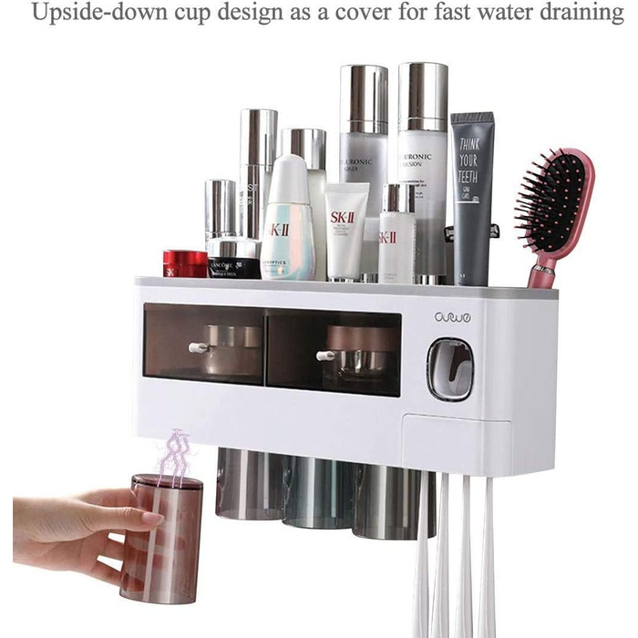 Automatic Toothpaste Dispenser Wall-Mounted, Space-Saving Toothbrush Holder for Bathroom, 2 Transparent Magnetic Cups, 6 Toothbrush Slots, 1 Cosmetic Organizer Drawer (2 Cups)