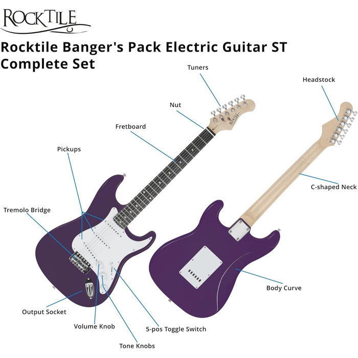 Електрогітара Rocktile Banger's Pack Violett (Комплект: підсилювач, тремоло, чохол, кабель, ремінь, медіатори, запасні струни, навчальний матеріал з CD/DVD)