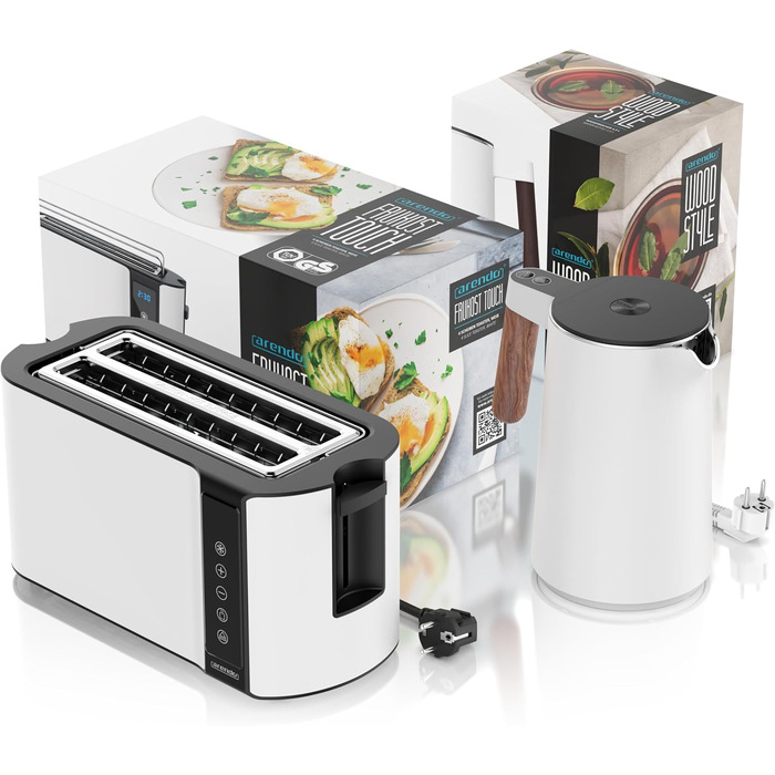Набір Arendo: чайник з регулюванням температури та тостер на 4 тости з підігрівом - нержавіюча сталь, білий матовий