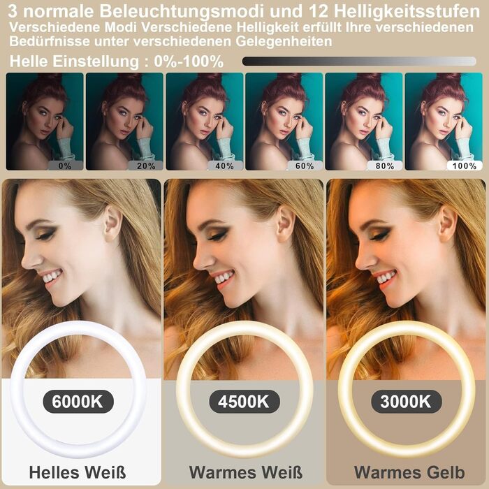Ринг-лампа 13 дюймів з штативом, кліп для планшета та 2 тримачами для телефону, 3000-6000K, 10 рівнів яскравості, музичні режими, 100 RGB-режимів, LED для селфі, TikTok, Vlog, YouTube, Facebook відео, багато кольорів