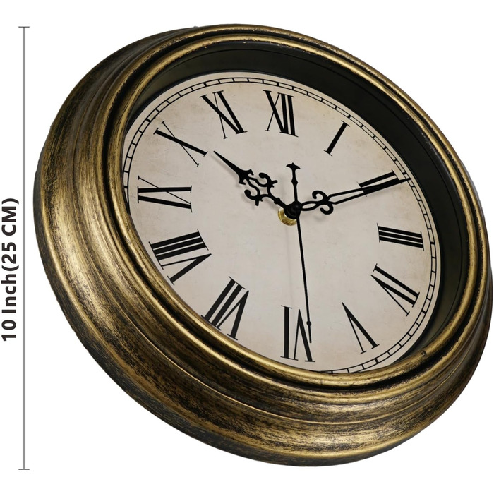 DIYZON Round Classic Wall Clock, Silent No Ticking, 40 cm High-Quality Quartz Vintage Clock, Large Numbers Retro Decorative Clock, Battery Operated, Easy to Read for Home, Kitchen, Dining Room (Gold, 25CM)