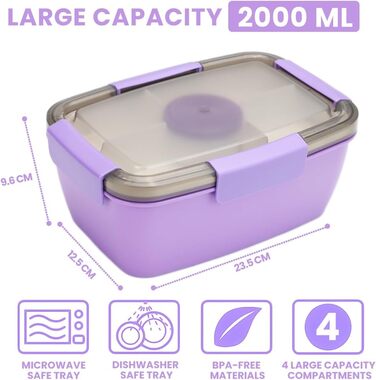 Ланчбокс Bugucat 2000 мл, непромокаючий, з відділеннями, для дітей та дорослих, салатовий контейнер, з виделкою, для школи, пікніка, чорний (2000 мл - фіолетовий)