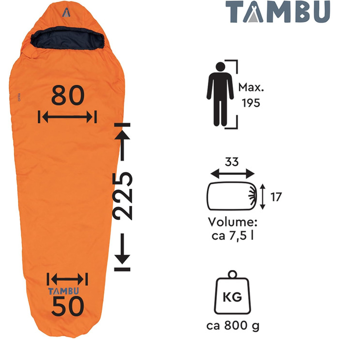 Спальний мішок Tambu Mumienschlafsack 80x210см - компактний, для літа, осені та зими. Підходить для кемпінгу, подорожей, фестивалів. PFC-free (помаранчевий)
