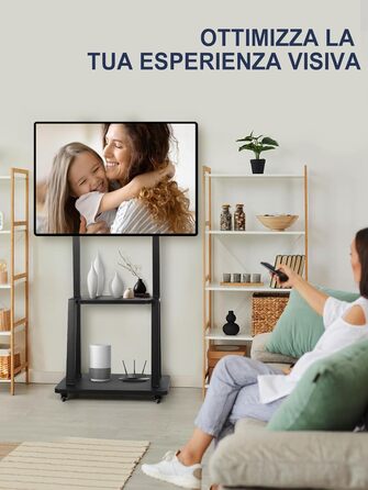 Підставка для телевізора на колесах, мобільний телевізійний візок для 32-75 дюймів LED/LCD/OLED, регульована по висоті, чорна, з полицями для ноутбука та DVD