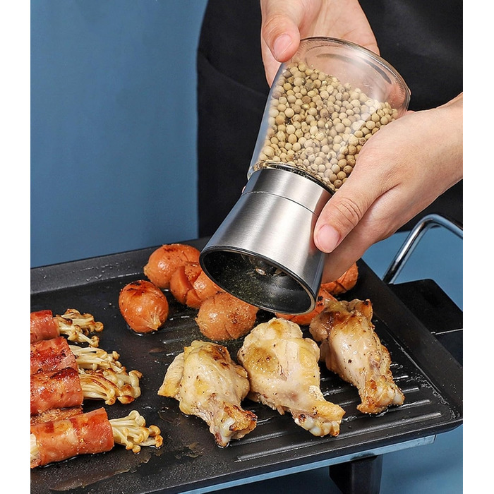 Набір з 2 мельниць для солі та перцю - сталеві та скляні з регульованим керамічним жорном, з можливістю поповнення, для солі та перцю