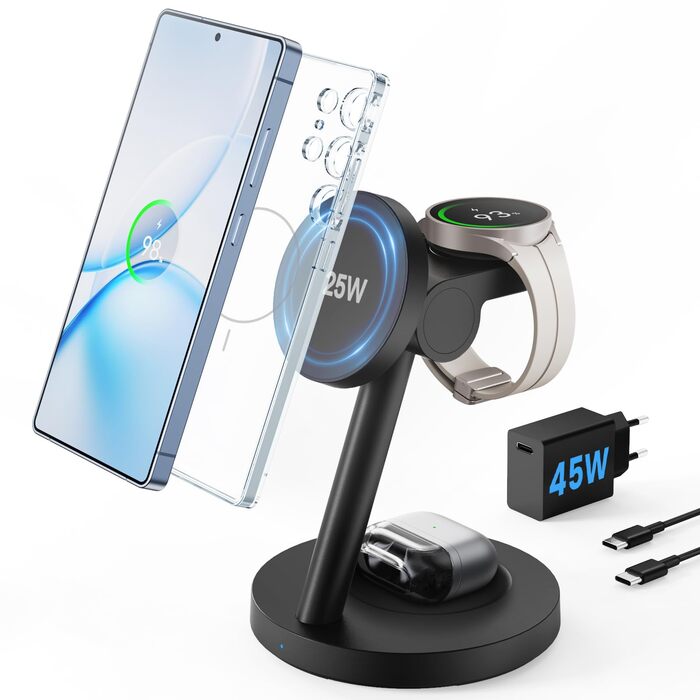 Зарядна станція JoyGeek 4-в-1 з магнітною індуктивною зарядкою 25W для Samsung Galaxy S26/S25/Ultra/Z Fold/Flip 7, бездротова зарядка для Galaxy Watch 8/5/Ultra та Buds 4/2/Pro (чорна)