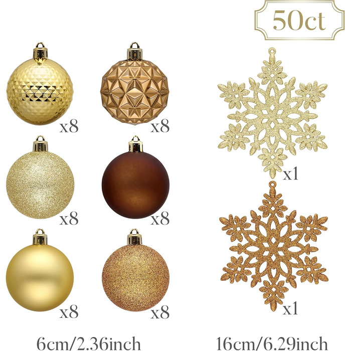 50 шт. прикраси на ялинку Valery Madelyn, 5 см, білий та золотий, з кріпленням, для ялинкової прикраси, знімна, міцна, з ефектом сніжинок, для декору на Різдво (бронза)