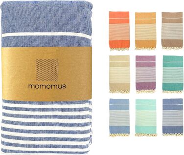Великий бавовняний рушник для пляжу MOMOMUS Fouta XXL 200x200 см з китицями, синій