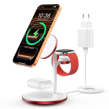 3-в-1 Бездротова Зарядка для Багатьох Пристроїв: iPhone, iWatch, AirPods, 15W, MagSafe, Колір: Маджента