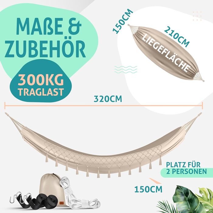 Гамаки KESSER 320x150 см, до 300 кг, дихаюча та водостійка тканина з китицями, для 1-2 осіб, для кемпінгу, саду та відпочинку, з сумкою, мотузками і ременями, бежевий