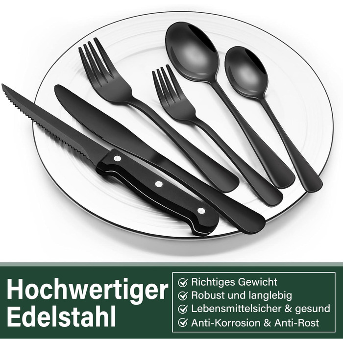 Cutlery Set 6 Persons Black, 36-Piece Stainless Steel Cutlery Set with Steak Knives, Dining Cutlery Set with Knife Fork Spoon, Elegant Tableware for Restaurant/Party, Dishwasher Safe