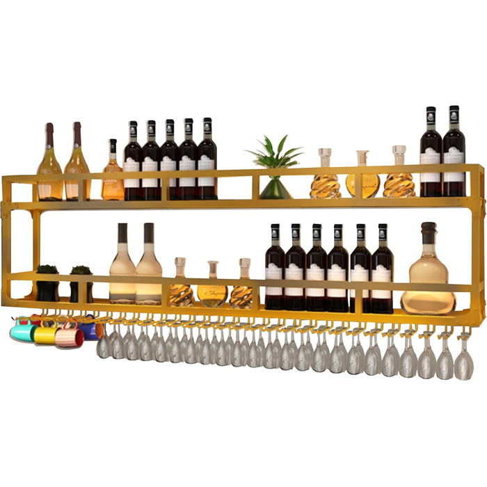 Металева полиця для вина на стіну з підсвічуванням, 3 яруси, 150 см, чорний/золотий | Стенд для вин, вітрина для напоїв, міні-бар для дому