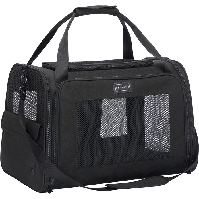 Транспортна переноска для котів та собак Petsfit, чорна, 47.5L x 33B x 33H см, з м'яким розкладним килимком та плечовим ременем