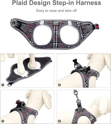 Шлейка для собак Suredoo, маленькі та середні породи, анти-тяга, світловідбиваюча, дихаюча, для цуценят (M, 34-39см; XL, 46-53см, 8-10.5кг), сіра в клітинку