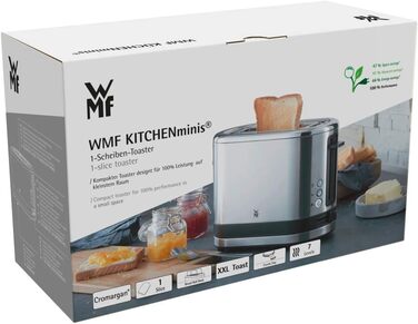 WMF Kitchen Mini 1-Slice Toaster, Long Slot XXl-Toast, Mini Toaster with Roll Attachment, 7 Browning Levels, Overheat Protection, 600W, Matte Stainless Steel, Single